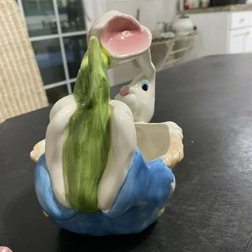 Vintage WCL Figural Bunny Rabbit Ceramic Basket Candy Bowl Dish Flowers Easter